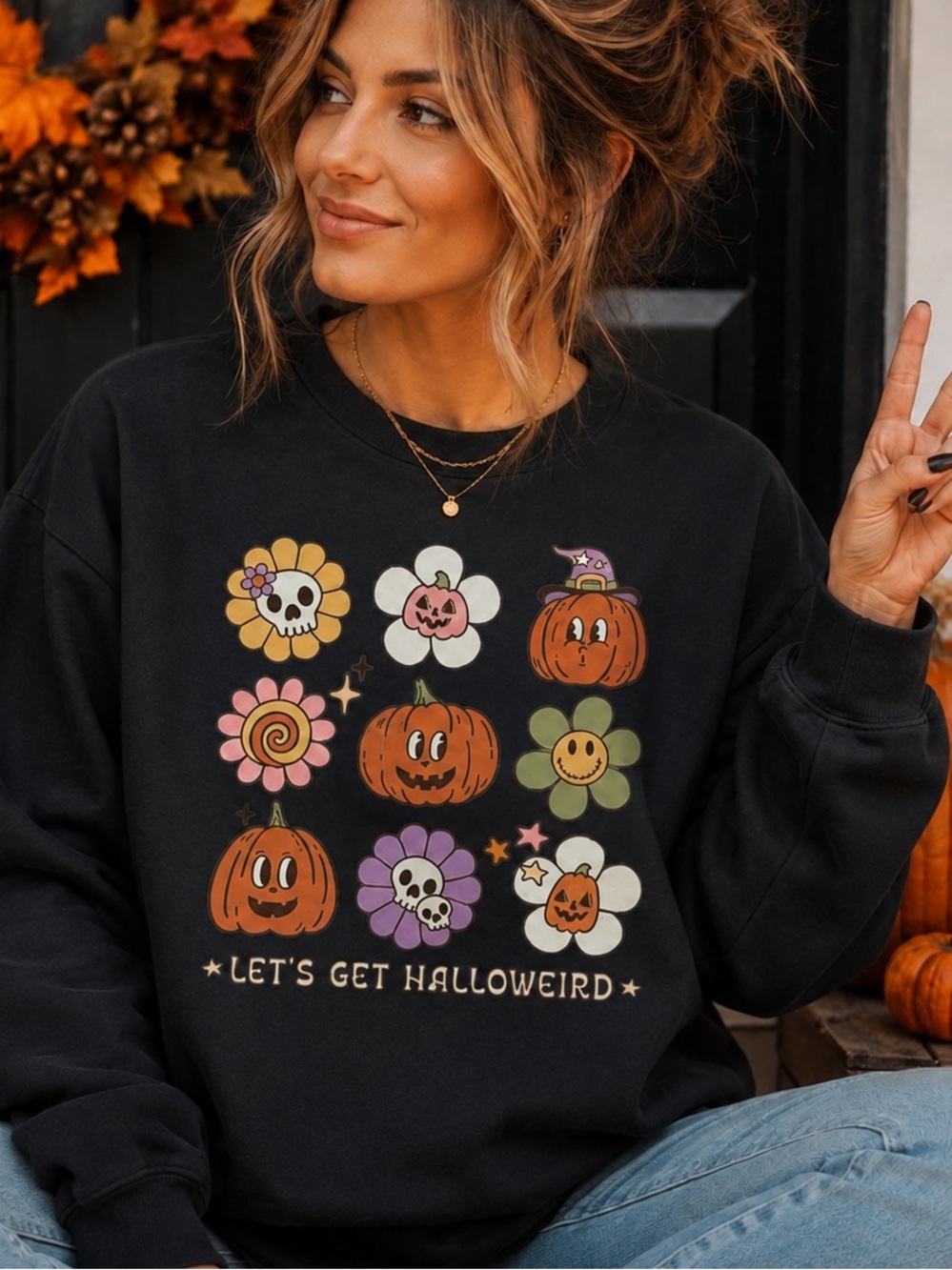 Lets Get Halloweird Black Halloween Pumpkin Graphic Sweatshirt